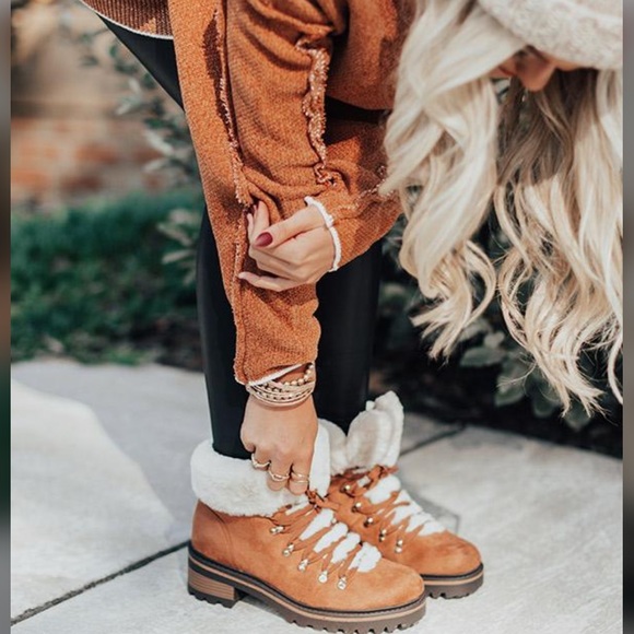 Faux Fur Foldover Ankle Booties | Lace-Up Block Heel | Chestnut